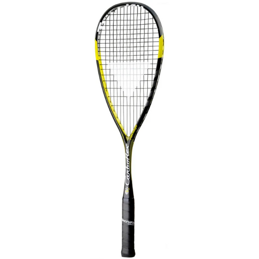 Black and yellow squash racket on a white background
