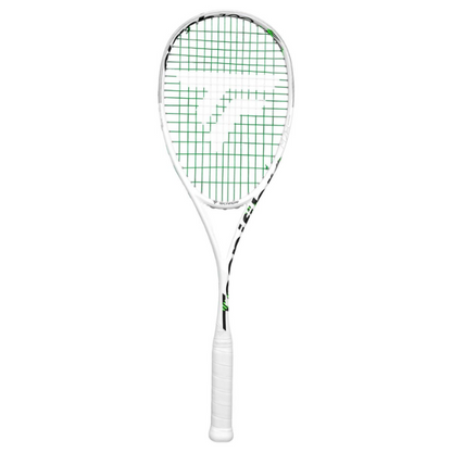 White tennis racket with green grid pattern on a white background