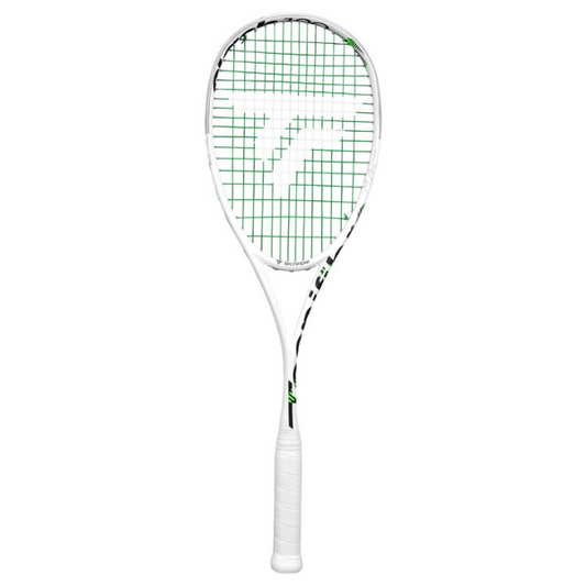 White tennis racket with green grid pattern on a white background