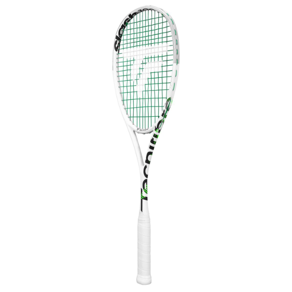 Tennis racket with white frame and green strings on a white background