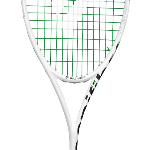 Close-up of a tennis racket with green strings on a white background