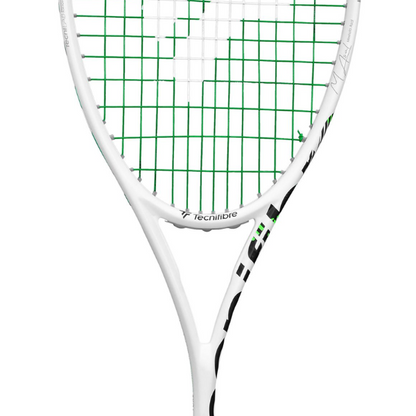 Close-up of a tennis racket with green strings on a white background