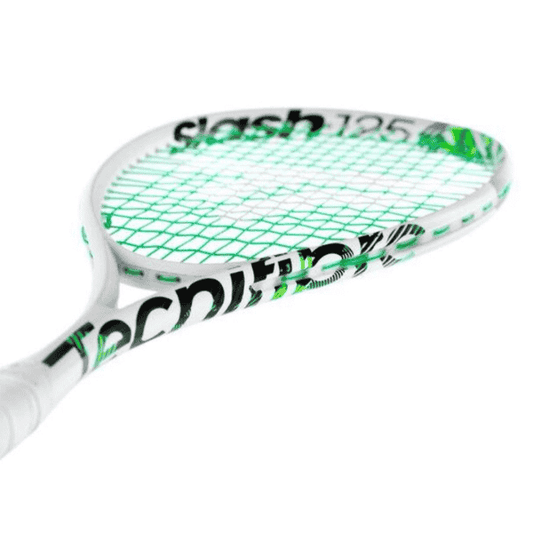 Tecnifibre Slash 125 squash racket with white frame and neon green graphics, designed for powerful and aggressive play.