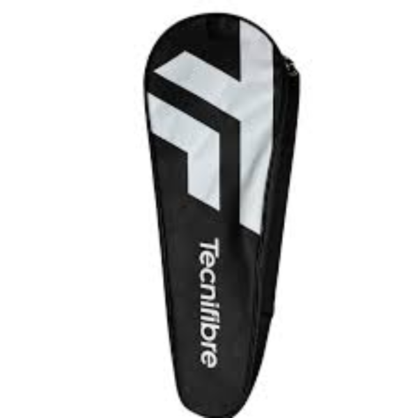 Black Tecnifibre tennis racket cover on a white background