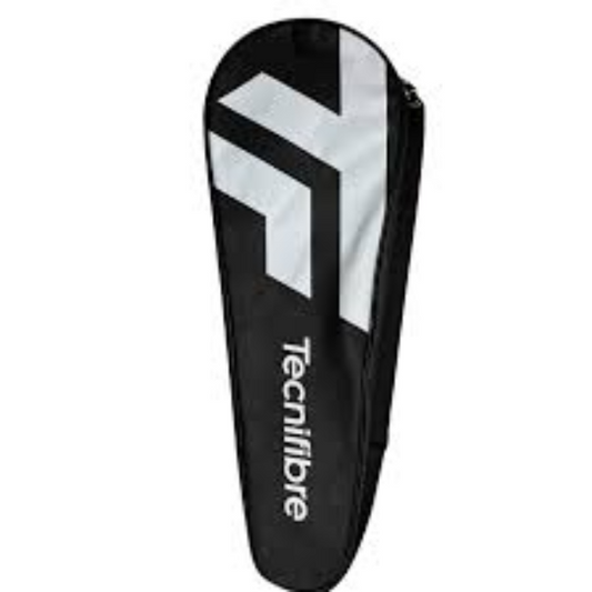 Black Tecnifibre tennis racket cover on a white background