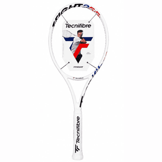Tecnifibre T-Fight 255 tennis racket with a white graphite frame, black, blue, and red accents, designed for beginner and recreational players seeking lightweight performance, comfort, and control.