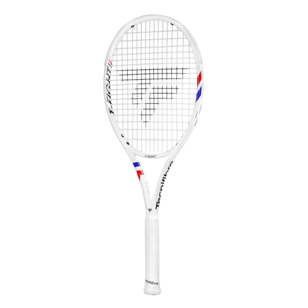 Tecnifibre T-Fight 270 graphite tennis racket with a white, red, and blue frame, 100 sq. in. head, lightweight 270g design.