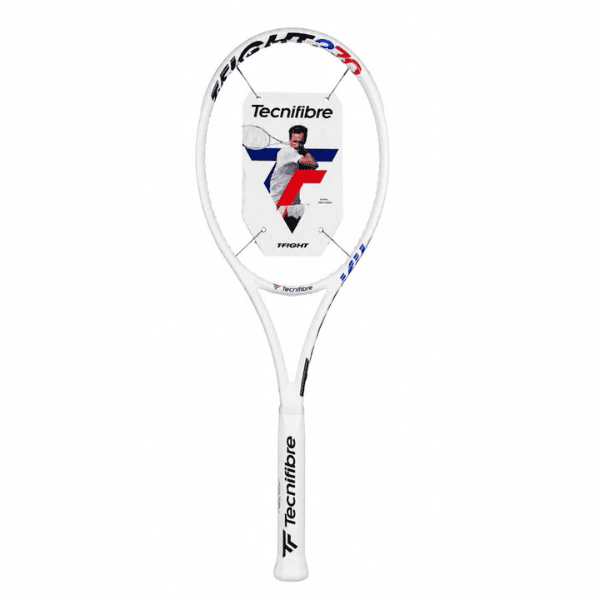 Tecnifibre T-Fight 270 graphite tennis racket with a white, red, and blue frame, 100 sq. in. head, lightweight 270g design.