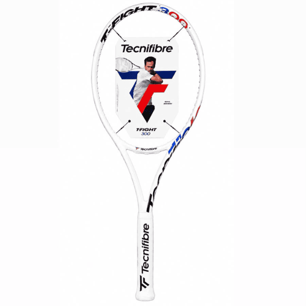 Tecnifibre T-Fight 300 tennis racket with a white graphite frame, black, blue, and red accents, designed for intermediate and advanced players seeking a balance of power, control, and spin.