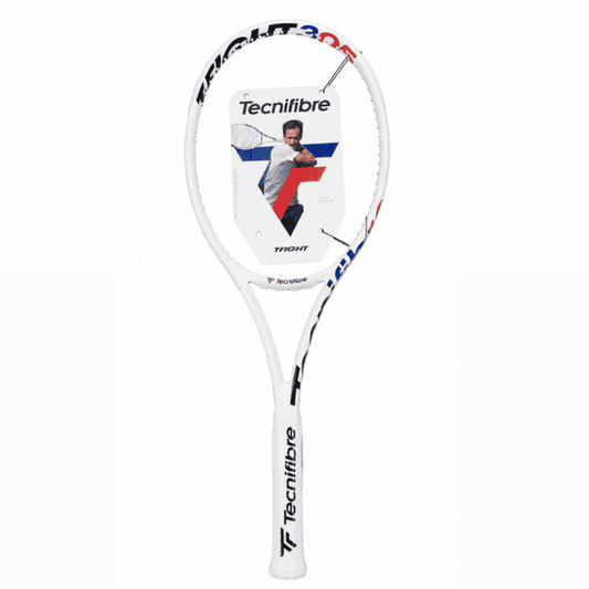
Tecnifibre T-Fight 305 tennis racket with a white frame featuring black, blue, and red accents, displayed with an attached product tag and white overgrip, designed for advanced players seeking precision, control, and stability.