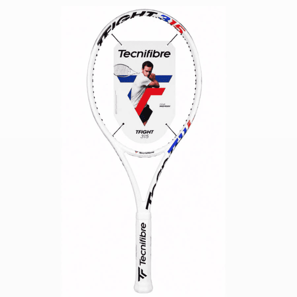 Tecnifibre T-Fight 315 tennis racket with a white graphite frame, black, blue, and red accents, designed for advanced and competitive players seeking exceptional control, stability, precision, and spin.