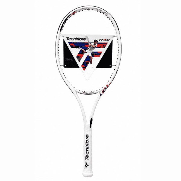 Tecnifibre TF40 315 tennis racket in white with black, red, and blue accents, unstrung frame, premium control-focused design, displayed against a clean white background.