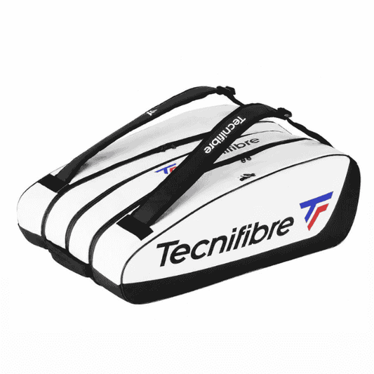 Tecnifibre Tour Endurance White 15R racket bag with three spacious compartments, waterproof white and black design, and signature Tecnifibre branding, displayed on a white background.