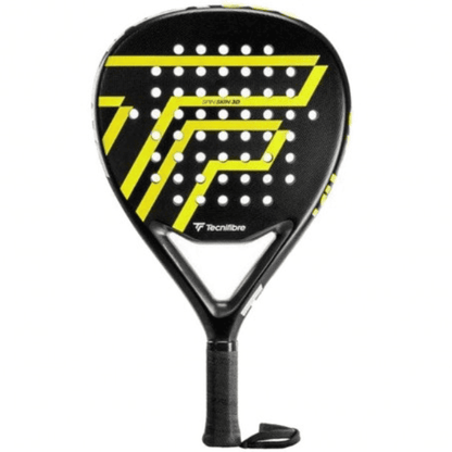 Tecnifibre Wall Breaker 360 padel racket with black and yellow frame, carbon fiber construction, and teardrop-shaped head.
