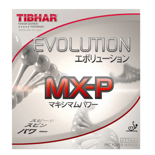 TIBHAR Evolution MX-P table tennis rubber packaging with branding and text.