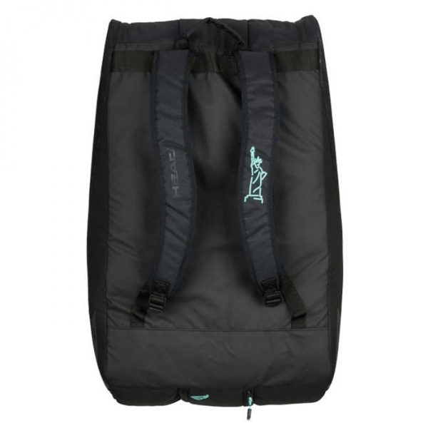 Black backpack with a logo on the back on a white background