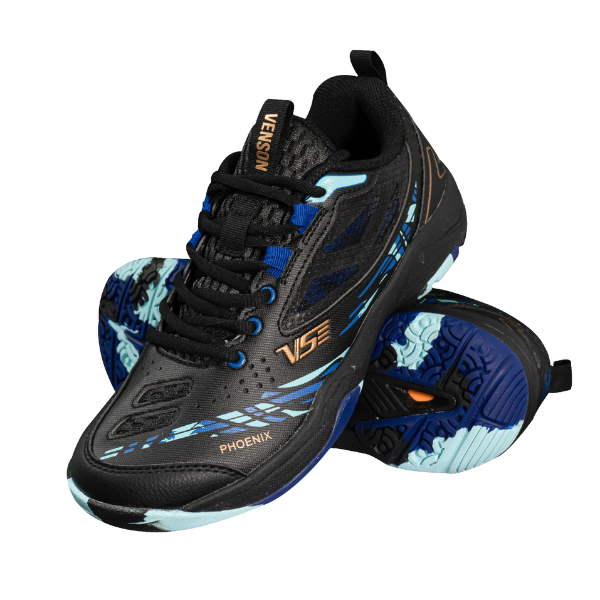 Black and blue athletic shoes with visible branding on a white background