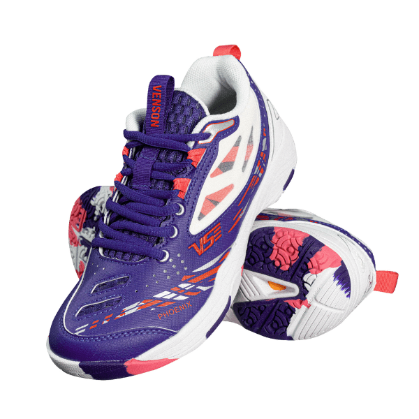 Purple and red athletic shoe with white accents on a white background