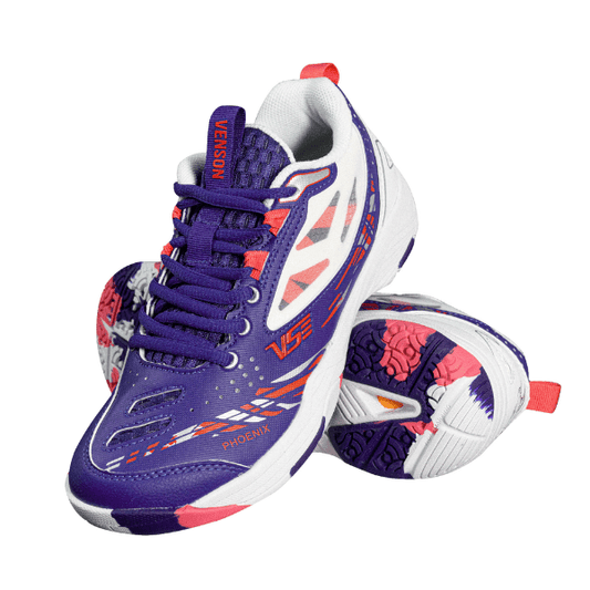 Purple and red athletic shoe with white accents on a white background