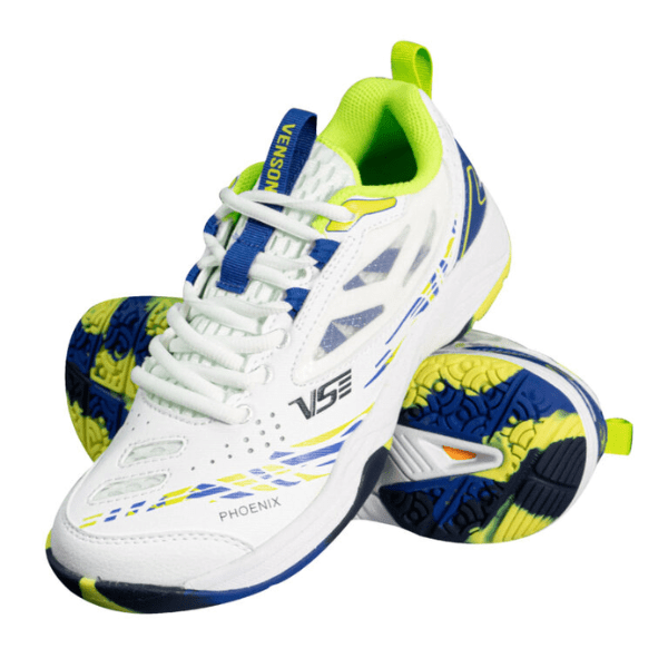 White sports shoes with blue and yellow accents on a white background