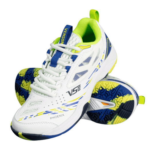 White sports shoes with blue and yellow accents on a white background