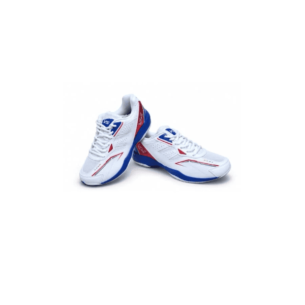 VS 2320S white indoor court shoes with red and blue accents, lace-up closure, and sporty design for badminton and indoor sports.