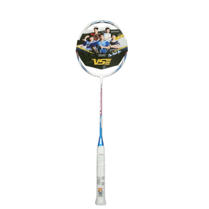 VS badminton racket featuring a white frame with blue and pink accents, lightweight graphite composite construction