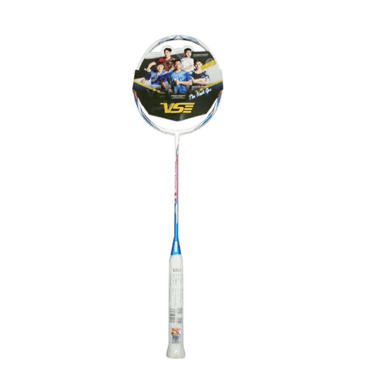 VS badminton racket featuring a white frame with blue and pink accents, lightweight graphite composite construction