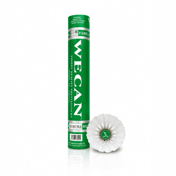 Wecan Green feather badminton shuttlecock with a white cork base, designed for playing badminton