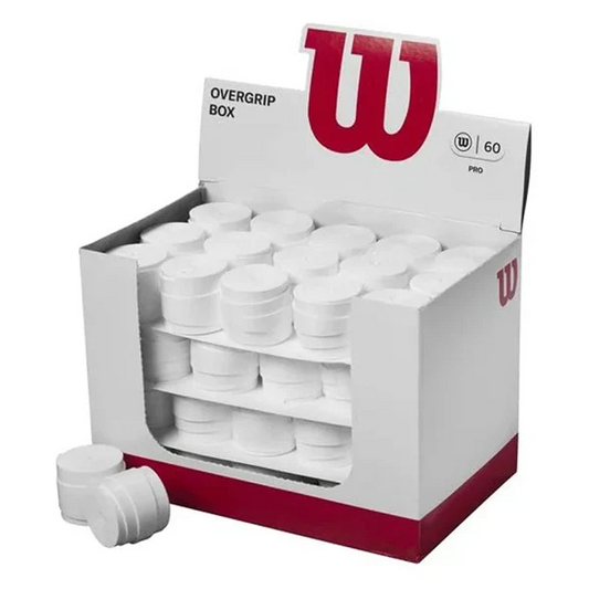 Box of Wilson tennis overgrips with a red 'W' logo on a white background