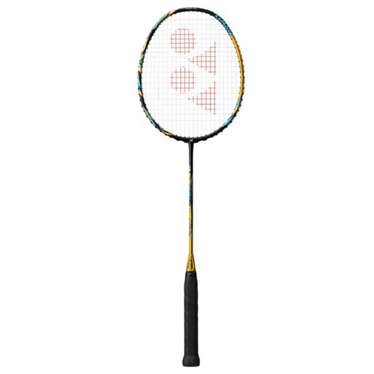 Badminton racket with a brand logo on a white background