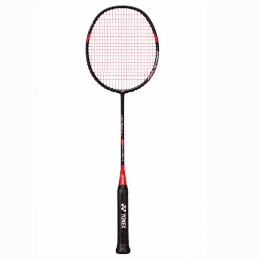 Yonex Arcsaber 1 Ability badminton racket in black and red with red strings, black grip, and white background.