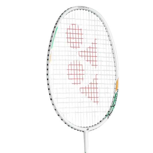 Yonex Arcsaber 1 Clear badminton racket in black and white with green and gold accents.
