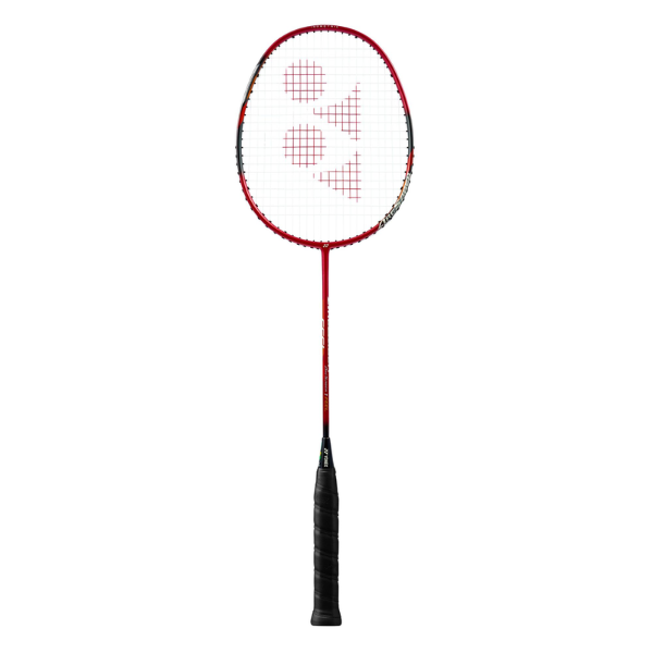 Red and black badminton racket with a brand logo on a white background
