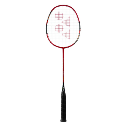 Red and black badminton racket with a brand logo on a white background