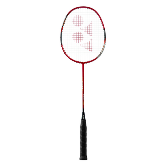Red and black badminton racket with a brand logo on a white background