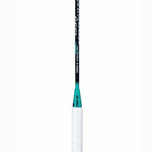 Yonex Arcsaber 1 Feel badminton racket shaft and white grip with teal accents on a white background.
