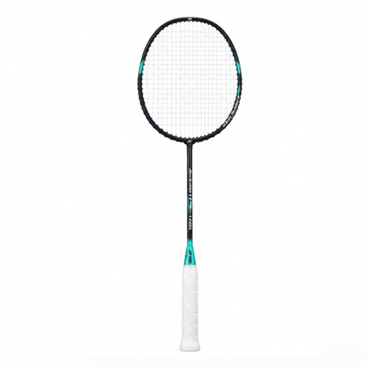 Yonex Arcsaber 1 Feel badminton racket shaft and white grip with teal accents on a white background.