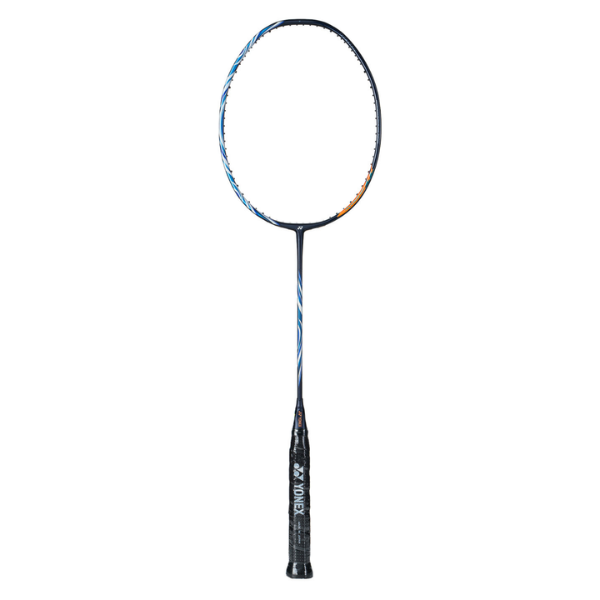 Badminton racket with a black and blue design on a white background