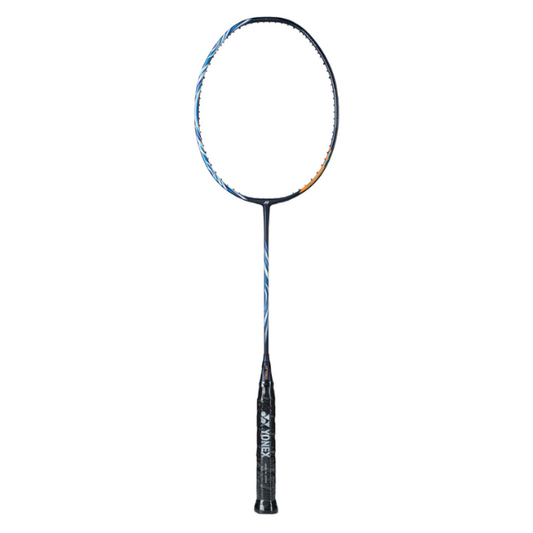 Badminton racket with a black and blue design on a white background