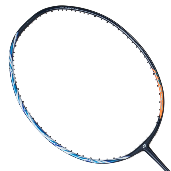 Close-up of a badminton racket with a white background