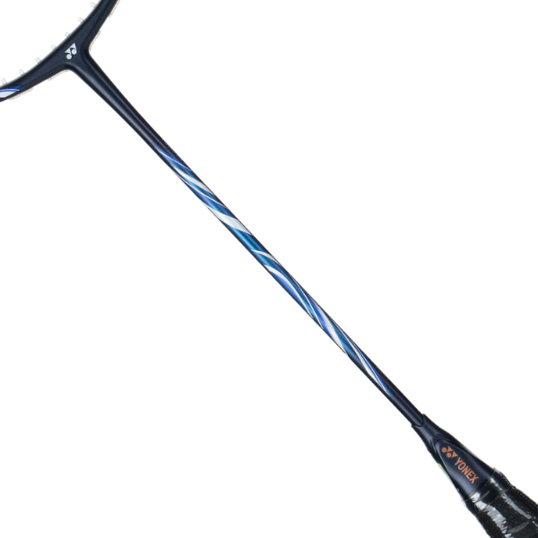 Squash racket with a blue and black design on a white background