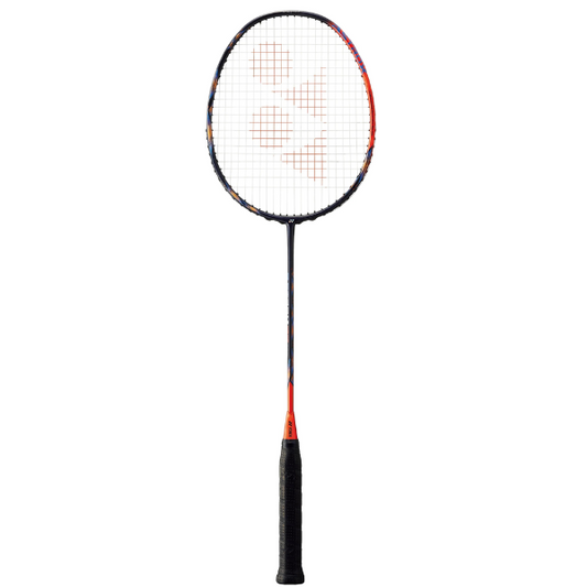 Badminton racket with black and orange design on a white background