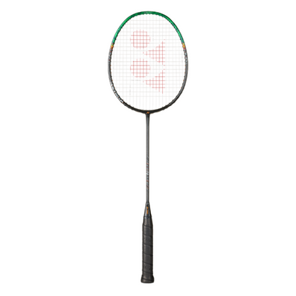 Badminton racket with a white string pattern on a white background