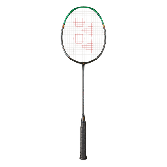 Badminton racket with a white string pattern on a white background