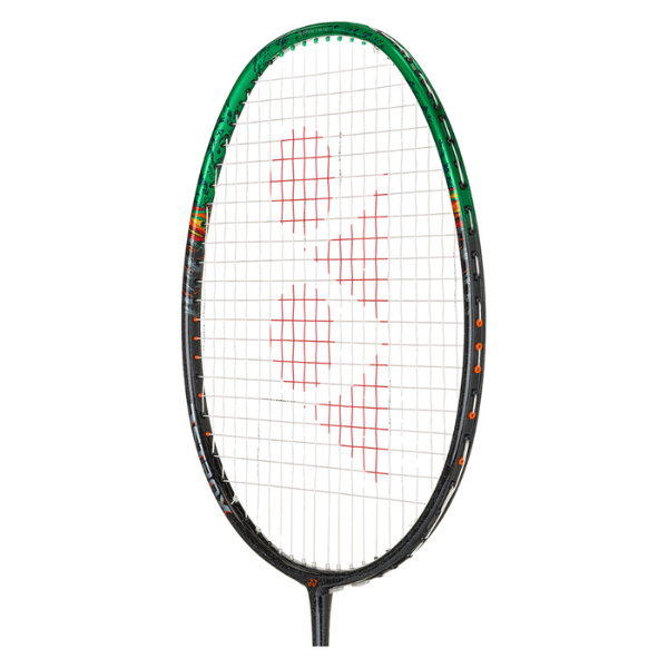 Yonex badminton racket with green frame and red logo on a white background