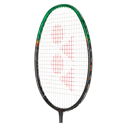 Yonex badminton racket with green frame and red logo on a white background
