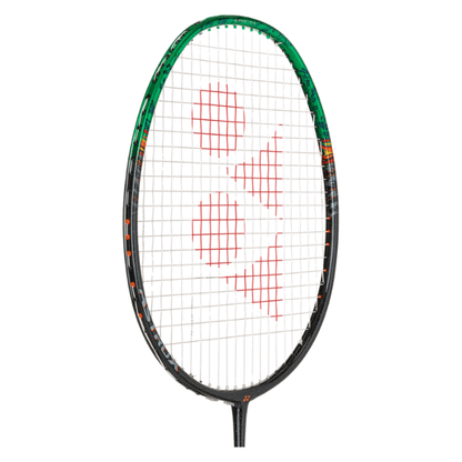 Tennis racket with a white strings pattern on a white background