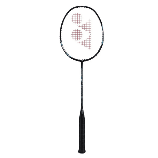 Yonex Astrox Lite 27i badminton racket in black with blue and white accents.