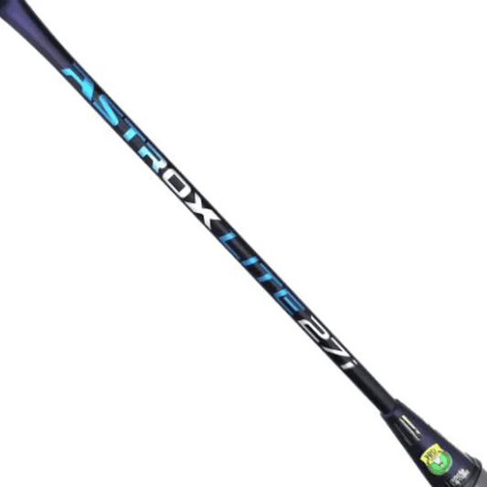 Yonex Astrox Lite 27i badminton racket in black with blue and white accents.